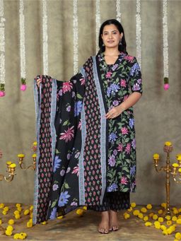 ARAMYA - Soft Cotton Black A-Line Floral Print Kurta And Pant With Dupatta (Set of 3)