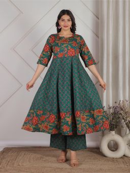 ARAMYA - Soft Cotton Green Floral Print Anarkali Kurta With Pant (Set of 2)