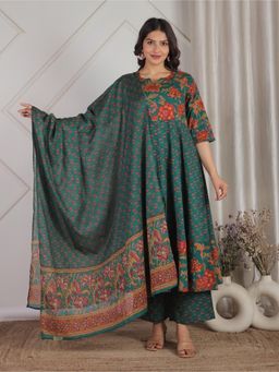 ARAMYA - Soft Cotton Green Floral Print Anarkali Kurta With Pant And Dupatta (Set of 3)