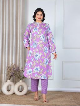 ARAMYA - Soft Cotton Purple Straight Floral Print Kurta With Pant (Set of 2)