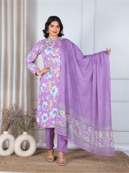 ARAMYA - Soft Cotton Purple Straight Floral Print Kurta And Pant With Dupatta (Set of 3)