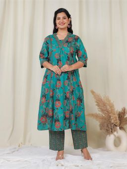 ARAMYA - Soft Cotton Green Flared Floral Print Anarkali Kurta With Pant (Set of 2)