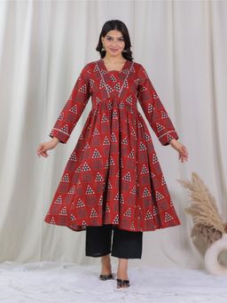ARAMYA - Soft Cotton Rust Geometric Print Anarkali Kurta With Pant (Set of 2)