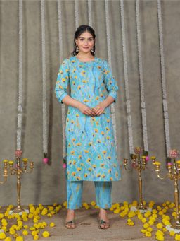 ARAMYA - Soft Cotton Blue Straight Floral Print Kurta With Pant (Set of 2)