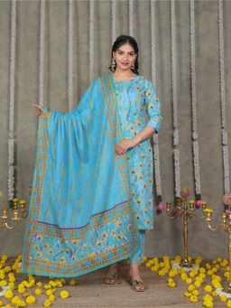 ARAMYA - Soft Cotton Blue Straight Floral Print Kurta And Pant With Dupatta (Set of 3)