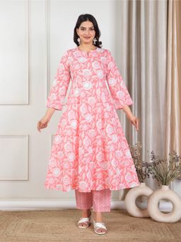 ARAMYA - Soft Cotton Pink Floral Print Anarkali Kurta With Pant (Set of 2)