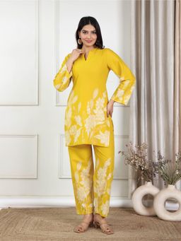 ARAMYA - Soft Cotton Yellow Floral Print Kurta With Pant (Set of 2)