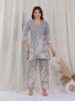 ARAMYA - Soft Cotton Grey Straight Floral Print Kurta With Pant (Set of 2)