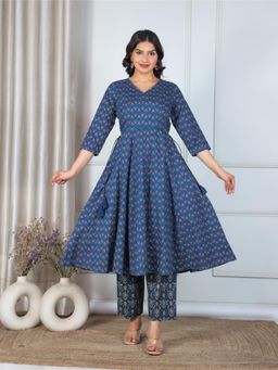 ARAMYA - Soft Cotton Blue Floral Print Anarkali Kurta With Pant (Set of 2)