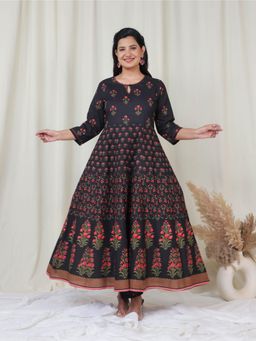 ARAMYA - Soft Cotton Black Flared Floral Print Anarkali Kurta With Pant (Set of 2)
