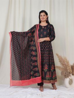 ARAMYA - Soft Cotton Black Flared Floral Print Anarkali Kurta With Pant And Dupatta (Set of 3)