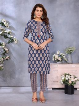 Rangita - Women Blue Rayon Printed Straight Calf Length Kurta with Pant (Set of 2)