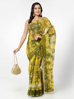 KISHORI - Chiffon Laddoo Tie & Dye Print Zari Weaving Saree with Unstitched Blouse - Yellow & Green