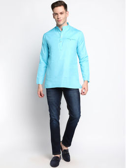 Devoiler - Men Self Design Sky Blue Cotton Short Kurta