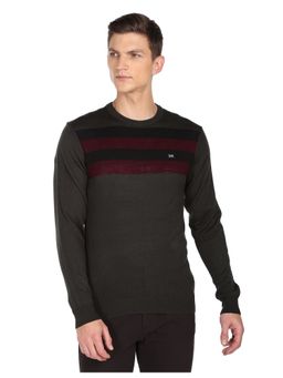 Arrow Sports - Men Charcoal Ribbed Neck Acrylic Horizontal Stripe Sweater