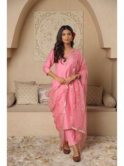 ASRUMO - Light Pink Chanderi Got Ajaal Kurta with Straight Pant and Dupatta (Set of 3)