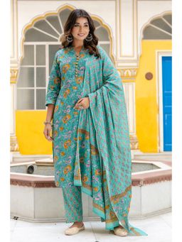 Kohsh - Womens Cotton Floral Print Straight Kurta Pant Dupatta Green (Set of 3)