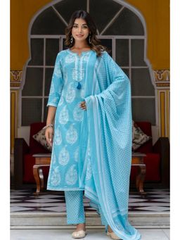 Kohsh - Womens Cotton Ethnic Motif Straight Kurta Pant Dupatta Blue (Set of 3)