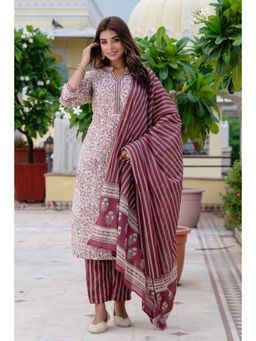 Kohsh - Womens Cotton Floral Print Straight Kurta Pant Dupatta Burgundy (Set of 3)