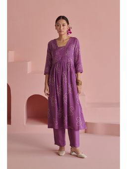 Prakriti Jaipur - Purple Bandhej Gathered Kurta with Pant (Set of 2)