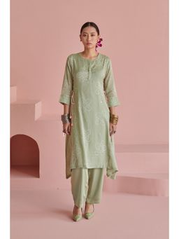 Prakriti Jaipur - Green Bandhej Side Tie Kurta with Pant (Set of 2)