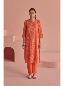 Prakriti Jaipur - Red Bandhej Straight Kurta with Pant (Set of 2)