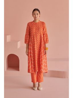 Prakriti Jaipur - Red Bandhej Smock Kurta with Pant (Set of 2)
