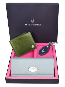 WILDHORN - Premium Leather Ladies Wallet, Mens Wallet and Keychain Gift -1K_EBL_2052GNC_K (Set of 3)