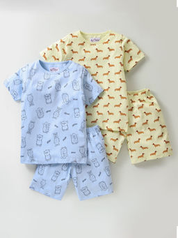 Nite Flite - Yellow & Blue Monster & Sausage Dog Printed T-Shirts with Shorts (Set of 4)