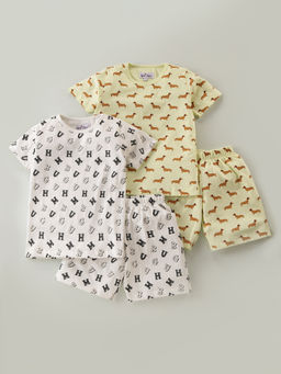Nite Flite - Yellow & White HumBug & Sausage Dog Printed T-Shirts with Shorts (Set of 4)