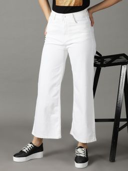 SHOWOFFFF - Women's Stretchable Clean Look White Wide Leg Jeans