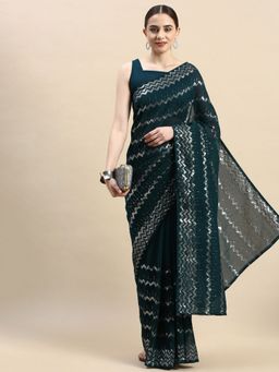 VAIRAGEE - Teal Sequence Embroidery Soft Georgette Saree with Unstitched Blouse