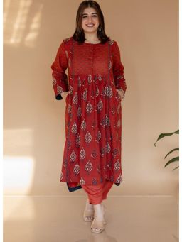The Indian Ethnic Co. - Divyathi Red Ajrakh Cotton A Line Kurta
