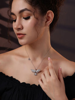 Vogue Panash - Silver-Plated Stone Studded Butterfly Shaped Brass Pendant with Chain