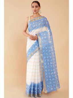 Soch - Women Blue Cotton Printed Saree with Unstitched Blouse