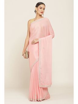 Soch - Women Pink Chiffon Solid Plain Saree with Unstitched Blouse