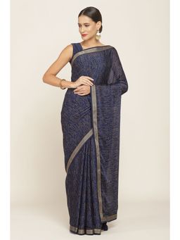 Soch - Women Navy Blue Georgette Printed Saree with Unstitched Blouse