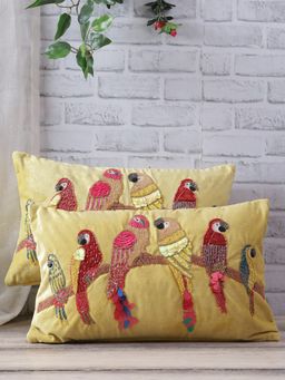 Eyda - Velvet Yellow Color Beaded Sequin Cushion Cover Set Of 2-12X20 Inch