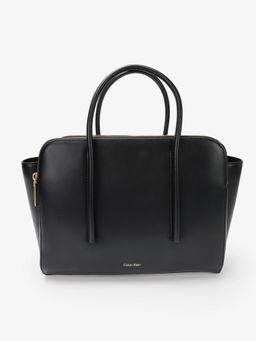 Calvin Klein - Solid Black Leather Handbag with Detachable Strap