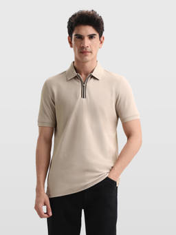 Arrow Sports - Men Beige Solid Regular Fit Polo T-shirt