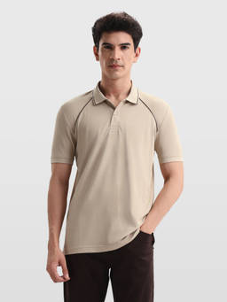 Arrow Sports - Men Beige Solid Regular Fit Polo T-shirt