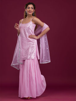 Koskii - Pink Sequins Georgette Readymade Salwar Suit (Set of 3)