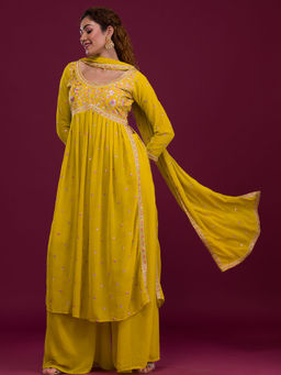 Koskii - Mustard Kashmiri Threadwork Georgette Readymade Salwar Suit (Set of 3)