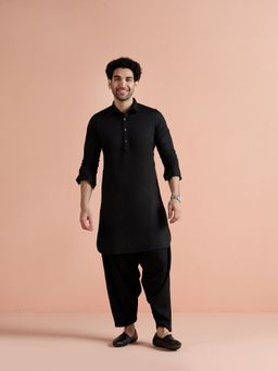 KISAH - Black Denim Solid Pathani Kurta and Patiala Set