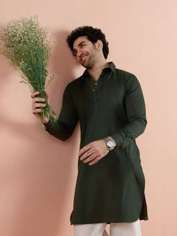 KISAH - Men Dark Green Denim Solid Pathani Kurta