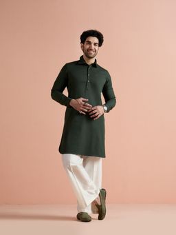 KISAH - Olive Denim Solid Pathani Kurta and Wide Leg Pant Set