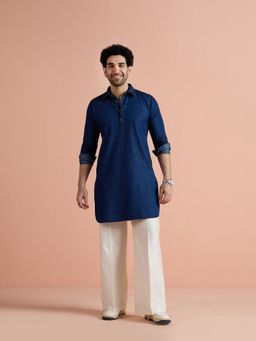 KISAH - Blue Denim Solid Pathani Kurta and Wide Leg Pant Set