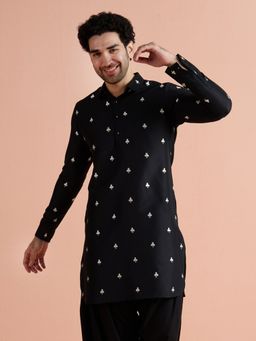 KISAH - Men Black Cotton Embroidered Pathani Kurta