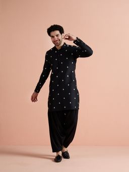 KISAH - Black Cotton Embroidered Pathani Kurta and Patiala Set
