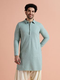 KISAH - Men Light Blue Viscose Embroidered Pathani Kurta